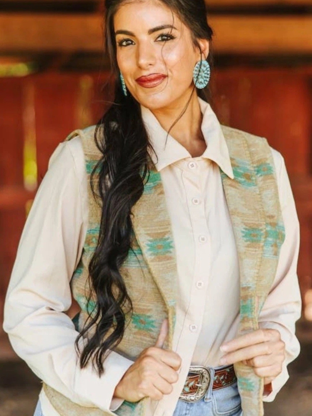 Lucky & Blessed Cream Button-Up Shirt with Turquoise-Accent Vest